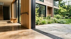 Large open sliding glass door creating a seamless transition from polished concrete indoor flooring to a stone patio and lush garden