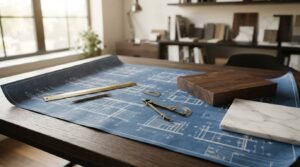 Blue architectural blueprint set on a dark wooden desk with a brass ruler, drafting compass, pencil, dark walnut sample, and white marble tile