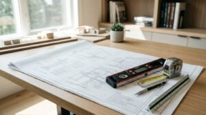 Detailed structural foundation blueprint unrolled on a light oak desk, weighted by a digital torpedo spirit level, an extended steel tape measure, a mechanical drafting pencil, and an aluminum scale ruler in a sunlit architectural studio with wooden massing models in the background