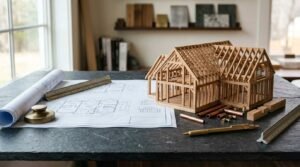 Scale model of a timber-framed house, architectural blueprints, copper piping samples, scale ruler, and brass pen on a dark slate workbench