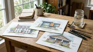 Three architectural watercolor elevation sketches labeled Colonial Revival, Modern Reflection, and Craftsman Charm displayed on a wooden desk with paintbrushes, pencils, and a mason jar of water