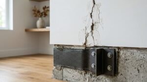 Severe vertical structural crack through white interior plaster wall and concrete stem wall, stabilized along the base by an epoxy-bonded carbon fiber reinforcement strap and a heavy steel angle bracket fastened with four heavy hex anchor bolts, contrasting with finished wide-plank hardwood floors in a modern residential room