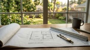 Open bound architectural plan book displaying a "FLOOR PLAN – ADU UNIT" schematic, an aluminum scale ruler, antique brass beam compass, pen, and coffee mug on a timber desk overlooking a sunlit suburban backyard through multi-pane windows