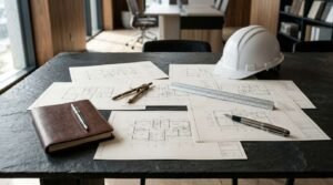 White hard hat, architectural blueprints, leather notebook, fountain pen, drafting compass, and scale ruler on a dark stone conference table in a modern office