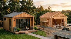Side-by-side comparison of a completed prefabricated modular cedar ADU with metal gable roof and entry porch next to an on-site stick-built accessory dwelling unit under construction with exposed timber stud framing and roof rafters during golden hour