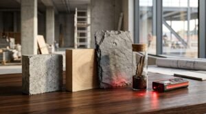 Concrete, light pine wood, rough slate stone material samples, and a soil vial arranged with a red laser measure on a dark walnut table overlooking a commercial construction site