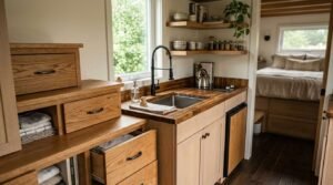 Compact custom oak galley kitchenette in a tiny home featuring butcher block benchtops, an undermount stainless steel sink with a matte black spring-neck pull-down tap, built-in two-burner electric cooktop, floating corner shelves, and staircase storage drawers leading into an adjoining bedroom with a raised platform bed