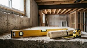 Long yellow spirit level, rolled architectural floor plan blueprint, and a heavy-duty locking tape measure resting on top of a poured concrete basement stem wall during an active residential framing and structural engineering inspection