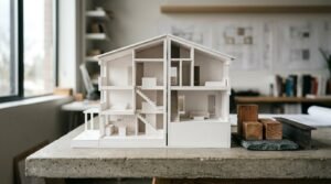 White architectural cross-section scale model of a multi-story house showing internal room layouts and staircases, displayed on a concrete table next to wooden material samples and a miniature steel I-beam