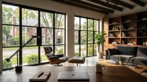 Industrial modern residential office converted from a garage, featuring two full-height black steel grid window walls in place of garage doors, exposed ceiling timber beams, white painted brick walls, a built-in walnut bookcase library, a classic leather lounge chair with ottoman, and an executive wood desk with a laptop in the foreground