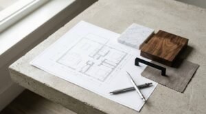 Interior design floor plan drawing with white marble sample, walnut wood block, matte black cabinet handle, fabric swatch, and drafting pencils on a concrete table