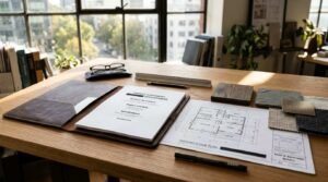 Open leather portfolio binder containing project agreement documents alongside a ground floor plan blueprint, material swatches, eyeglasses, and scale ruler on a wooden desk near a window