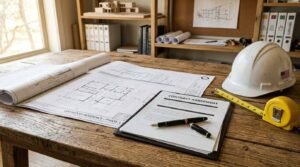 Contract agreement document with a fountain pen on a clipboard, open blueprints for a residential project, white hard hat, and tape measure on a wooden desk