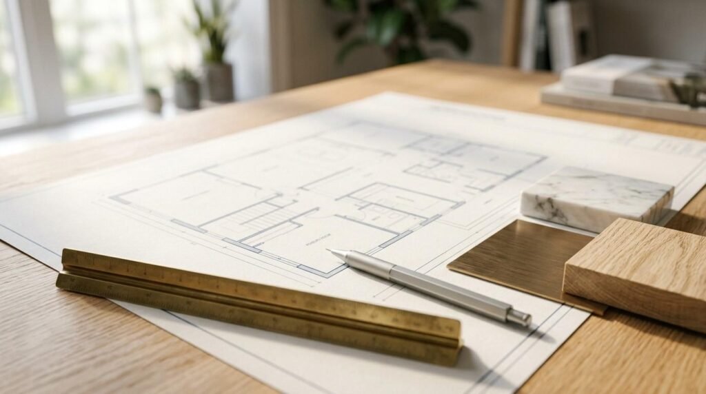 Architectural floor plan drawing displayed on a light wood desk with a brass scale ruler, silver drafting pencil, and material swatches of marble, brass, and oak