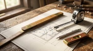 Architectural bathroom blueprint drawing with clearance swing circles, featuring a vintage wooden folding ruler, extended tape measure, drafting pencil, and small level on a rustic workbench