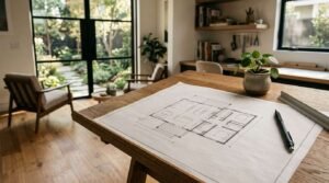 Detailed residential architectural floor plan resting on a canted oak drafting table with a drafting pencil, scale ruler, and potted Chinese money plant overlooking a lush landscaped courtyard garden through black steel-framed glass doors
