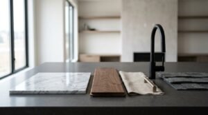 Curated interior design material flat lay on a matte charcoal island bench showing a polished Carrara marble tile, rich walnut timber flooring board, textured linen fabric swatch with a brushed brass cabinet pull, matte black gooseneck tap, and grey architectural roofing shingle samples in a modern living space