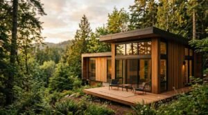Modern flat-roof cedar modular home cantilevered over a forested hillside with double-height black-framed glass sliding doors, clerestory transom windows, and a floating timber deck furnished with outdoor armchairs overlooking evergreen pine valleys at sunset