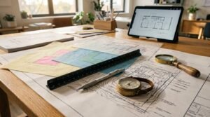 Architectural site plans with colored overlays, black scale ruler, silver drafting pencil, brass compass, and magnifying glass next to a tablet displaying floor plans on a wooden desk
