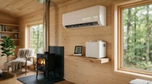 Wall-mounted white ductless mini-split heat pump air conditioner mounted above a floating timber shelf holding a digital thermo-hygrometer and compact air filtration unit, beside a traditional cast-iron wood-burning stove with stainless steel flue on a black slate hearth inside a timber-clad tiny cabin