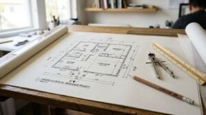 Architectural ground floor plan drawing displayed on a wooden drafting table alongside a Staedtler pencil, drafting compass, and scale ruler