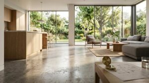 Open-concept modern home interior with polished concrete floors, wooden kitchen island, living room, and floor-to-ceiling glass doors leading to a garden, with floor plans on a coffee table in the foreground