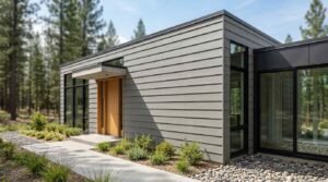 Modern flat-roof home exterior with light grey horizontal lap siding, a natural wood front door under a concrete canopy, black window frames, and pine tree surrounding