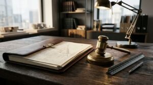 Brass gavel and sound block next to a leather portfolio binder with architectural drawings, scale ruler, pen, and brass desk lamp on a dark wood desk