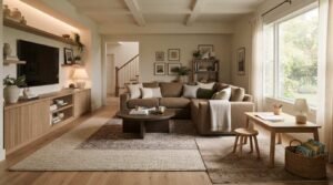 Warm family room design featuring a brown L-shaped sectional sofa, custom TV built-in console with backlit floating shelves, layered area rugs, and a kids' activity table