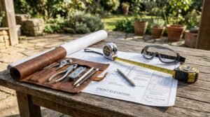 Patio design blueprint displayed on a wooden outdoor table with a leather tool roll, hand pliers, tape measure, pencils, and safety goggles