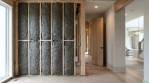 Mineral wool insulation batts installed between timber wall studs during interior residential construction and soundproofing
