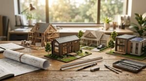 Four architectural scale model houses—showing renovation framing, a modern tiny house, a suburban home, and a solar-powered modern house—arranged on a wooden desk with blueprints and drafting tools