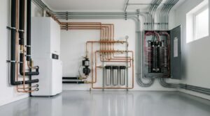 Modern home utility room with a white water heater, copper plumbing manifold, whole-house water filtration system, and an open electrical breaker panel with neatly routed conduit
