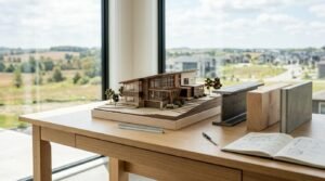 Detailed timber and acrylic scale architectural model of a modern multi-level hillside home displayed on an oak desk beside a structural steel I-beam sample, solid timber block, concrete panel swatch, scale ruler, and open concept sketchbook in front of a panoramic corner window