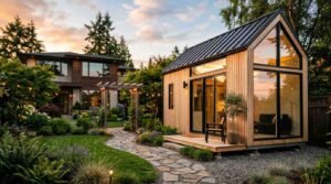 Modern wooden accessory dwelling unit with floor-to-ceiling glass windows and a small deck next to a flagstone garden path leading to a main house at dusk