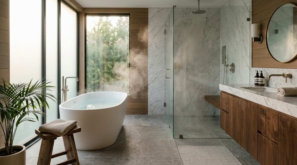 Modern spa bathroom featuring a freestanding soaking tub with steam, a glass-enclosed walk-in shower, marble wall tiles, and a floating walnut vanity