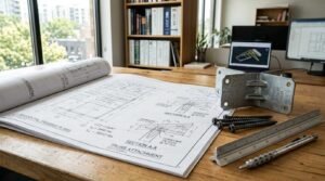 Residential framing blueprints and truss attachment details displayed on a wooden desk with a Simpson Strong-Tie hurricane bracket, structural screws, and scale ruler in an engineering office