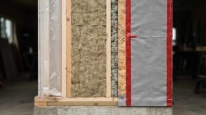 Cross-section detail of a high-performance exterior wall assembly showing interior drywall, vapor barrier membrane, mineral wool batt insulation, OSB sheathing, taped housewrap, and concrete foundation