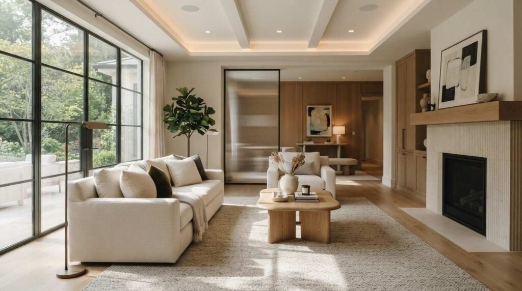 Modern luxury living room featuring a coffered ceiling with warm cove lighting, cream sofa, organic wood coffee table, fluted stone fireplace, and black grid glass patio doors