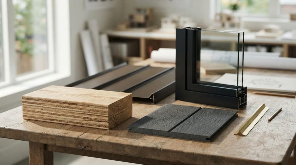 Architectural building material samples including a double-pane window corner profile, cross-laminated timber block, dark metal cladding, and composite siding on an oak workbench
