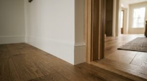 Close-up of white painted baseboard trim meeting a natural oak wooden door casing above wide-plank hardwood flooring