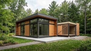 Prefabricated modular home on a concrete slab foundation with a finished glass-and-wood module in front and an unfinished framed module being assembled in the background within a forest clearing