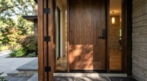 Modern custom front entry featuring a large solid walnut pivot door with black hardware, side glass panels, and stone exterior siding