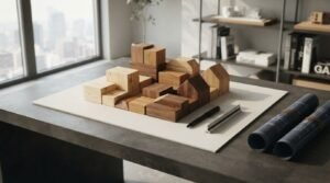 A conceptual architectural massing model made of modular wooden blocks on a white presentation board beside an architect's triangular scale ruler, a black pen, and rolled blue blueprints on a concrete desk