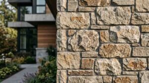 Close-up of a natural stacked stone veneer pillar with rough split-face tan and grey stones on a modern home exterior