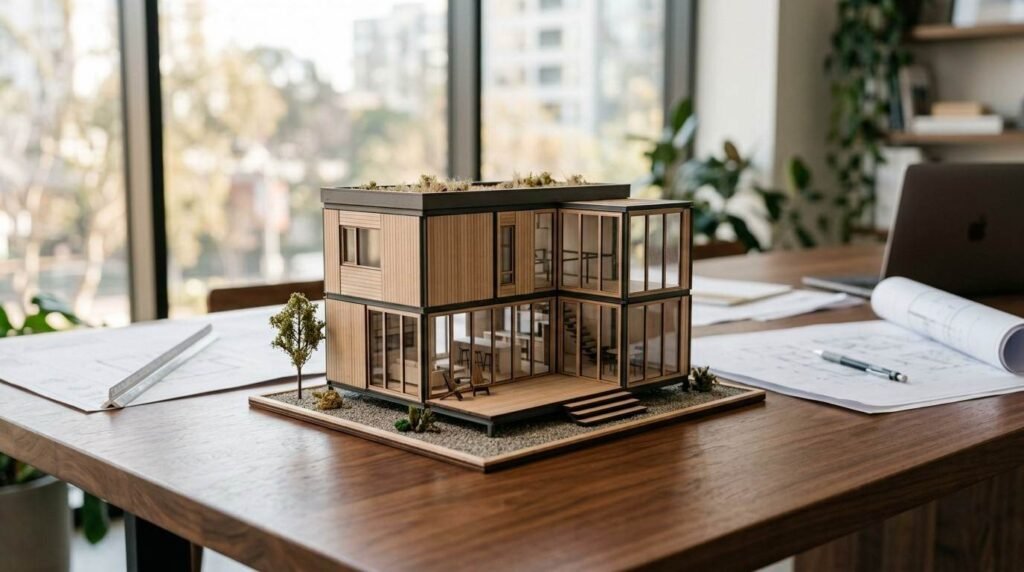 Architectural scale model of a modern two-story modular prefab home with a green rooftop garden, set on a wooden conference table alongside rolled blueprints and a laptop