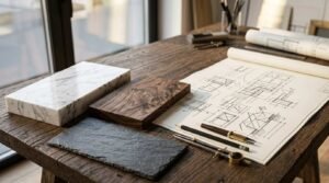 Architectural material samples including a white marble block, rich walnut wood block, and dark slate sample resting next to hand-drawn architectural floor plans and drafting tools on a rustic wooden desk