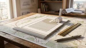 White miniature house model on a 3D site plot plan placed over a topographic contour map with a brass scale ruler and drafting pencil on a rustic wooden desk