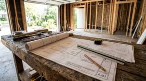 Proposed floor plan blueprints for a garage conversion laid out on a rustic wooden workbench with a triangular scale ruler, pencil, tape measure, and carpentry hand tools inside an open stud-framed garage