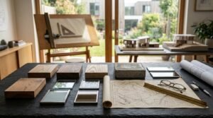Architectural material samples, topographic map, scale ruler, eyeglasses, and rolled blueprints arranged on a slate table in a design studio overlooking a garden